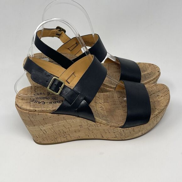 Kork Ease Austin Cork Wedge Sandals Womens 10 M Black Leather Ankle Strap Buckle - Picture 3 of 16